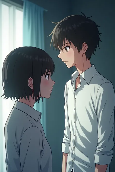 A man in a white shirt looks at a short-haired woman who is bowing her head in apology. Japanese anime.