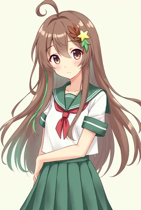 Anime girl with brown hair with green locks - one emerald green leaf and another brown - Japanese school clothes - a star decoration on her head 