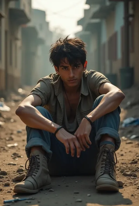 a young man sitting, sad and hungry, looking at the ground, without money and his disheveled appearance