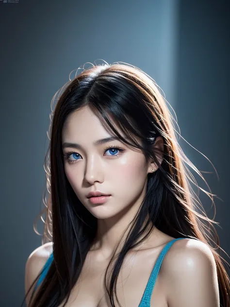 Asian Girl from South Korea, Long hair, Black hair, blue eyes, Textured skin, very detailed, UHD, High details, HD model, The best quality, necessary, Awarded many times, anatomically correct, masterpiece, High resolution, rockstar style,