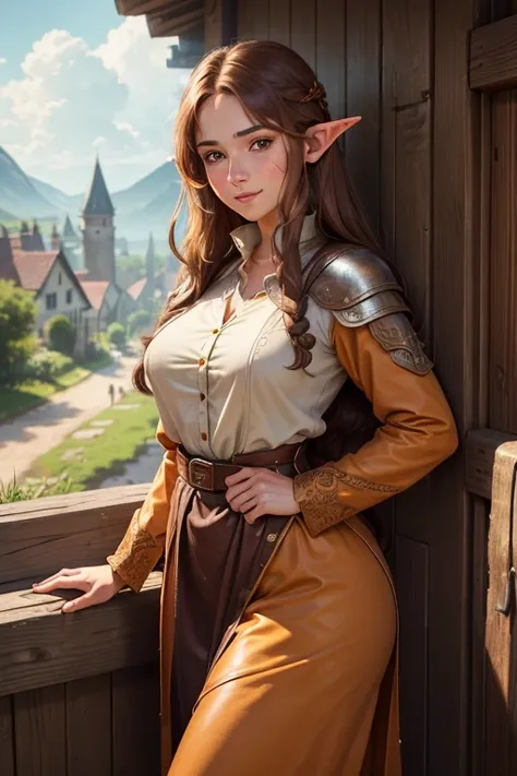 A beautiful village woman with a gentle smile, ((best quality))) (((HD))) (((8k))) (character) 20-year-old woman, ((adventurous)) elf, ((beautiful)), ((brown hair)) and ((very long hair)), voluptuous fit body, large breasts, large hips, bewitching thighs, ...