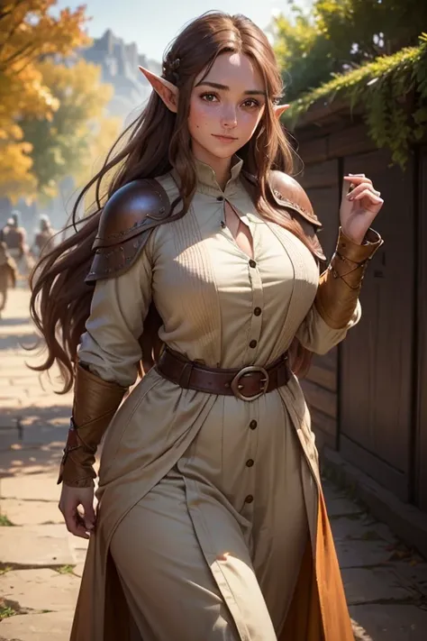 A beautiful village woman with a gentle smile, ((best quality))) (((HD))) (((8k))) (character) 20-year-old woman, ((adventurous)) elf, ((beautiful)), ((brown hair)) and ((very long hair)), voluptuous fit body, large breasts, large hips, bewitching thighs, ...