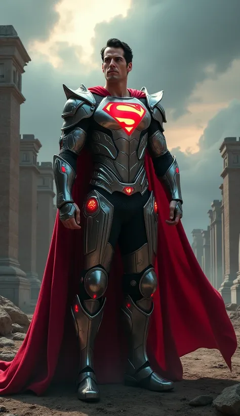 A hyper-realistic, cinematic image of a futuristic Superman suit designed for medieval combat. The suit blends ancient knight armor with sleek, metallic components, reinforced with glowing Kryptonian symbols. Superman stands poised, his cape flowing, and h...