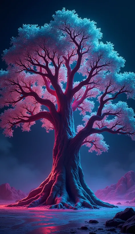 Colorful neon image of a giant tree