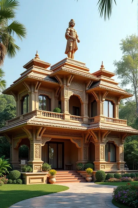 Indian traditional and modern design house and lord hanuman statue on terrace top