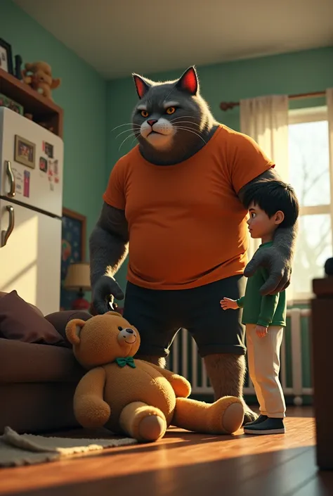 In cinematic 3d style,,charector A; Johnny cat A large,anthropomorphic cat with a muscular build and tattooed arms, wearing an orange T-shirt and black paint.
Charector c; A boy wearing a green t-shirt a white paint.
Action;The teddy bear is lying torn on ...