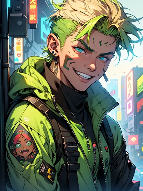 male、Age 15、Cyberpunk、Brown skin、Two Block、Short Hair、Slicked back、Multicolored Hair、Green Hair、Blonde、Big Eyes、Thick lips、jacket、Cargo pants、One Boy、Glowing Tattoos、Face close-up、round face、smile