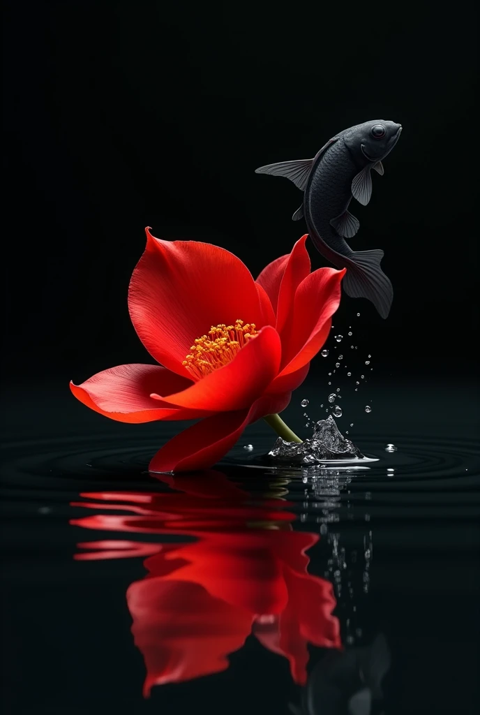 A red flower on the water a fish jumping with black background and the image must be 4+mp