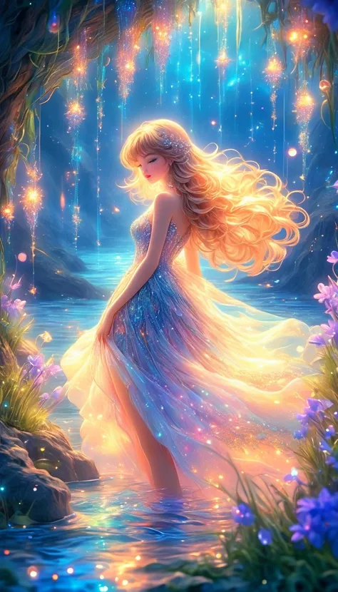 Anime Girl Beauty, ideal anatomy, Bright, sexy,  She is wearing a flowing, transparent gown that looks like its made of delicate glass or crystal, adorned with intricate floral patterns and luminous beads that catch the light, sits on the beach, There is a...