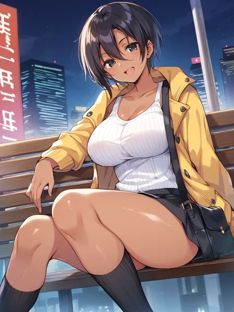 Highest quality, Highest quality, Score_9, score_8_up,source_anime, artstation, grandeur, intricate-details, depth-of-view, flatshading,illustration,pinup,BREAK 1girl,low teen,very short hair,black hair,(hair between eyes:1.3), (Shiny skin:1.2),(Parted ban...