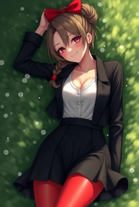 masterpiece, best quality, feMonica, hair bun, braid, red bow, black jacket, black skirt, red pantyhose, upper body, from above, lying on back, grass, looking at viewer, tired, smile, garden 