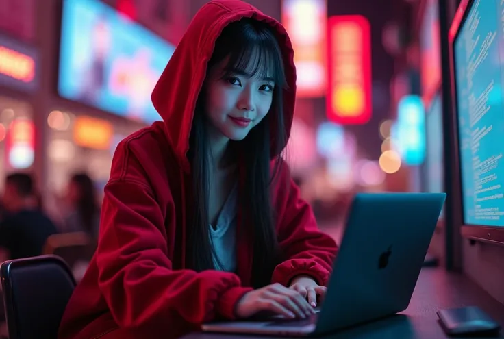 A cute a beautyful kpop female with long hairstyle wearing shirt and red hoodie jacket, black top jeans, high heals. using super fast internet with hyper technology and happy. Hyper quality image. Hyper resolution image. Ultra high realistic image. 16k. Fu...