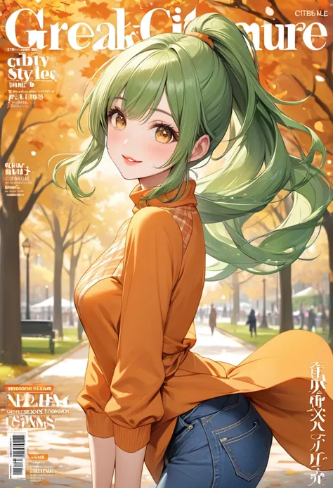 (fashion Magazine:1.5 Cover style), (beautiful and delicate), (solo:2, 15 yo) (beautiful detailed ponytail) (best glossy green hair long hair) (best cute girl), (very cute yellow eyes), (glossy lip, cute makeup face), (best smile), break, (dynamic pose), i...