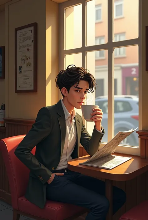 a young man is drinking coffee in a cafe