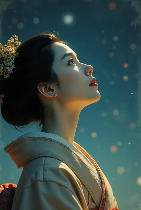 Dramatic、Old paper texture、Old style、Faded colors、A close-up of the face of an Edo courtesan looking at the night sky.、composition、Golden Ratio、Functional、grace、detail、background、Soft colors、Blurred Lines、