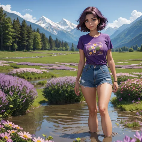 1 beautiful woman with short brown-purple hair, purple eyes, wearing a light brown t-shirt and shorts, standing in a stream, with a field of flowers, large forest and mountains in the background