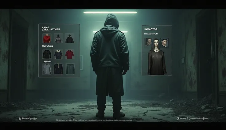 concept interactive menu in phasmophobia game to change the clothes, with ghosts and abandoned houses