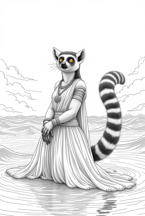 (SeaArt) female lemur, ancient Greek clothes, fluffy, long striped white and black tail, Line art