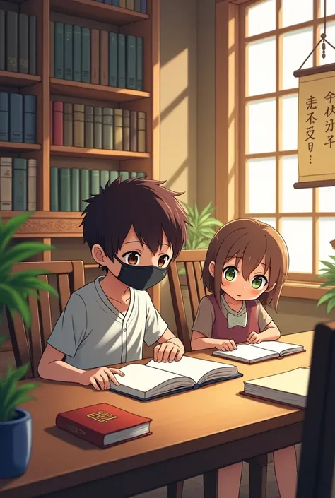 A boy and a girl studying in an anime library - the boy with a black mask and brown hair and the girl with short brown hair and different eyes of emerald green and another brown 
