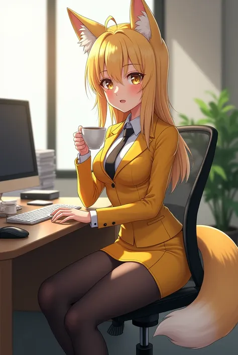 Please make a fox girl OL suit anime with a tight skirt and black stockings。Please use the office as the background。A yellow suit please。Please draw me from head to toe.。I am drinking coffee。