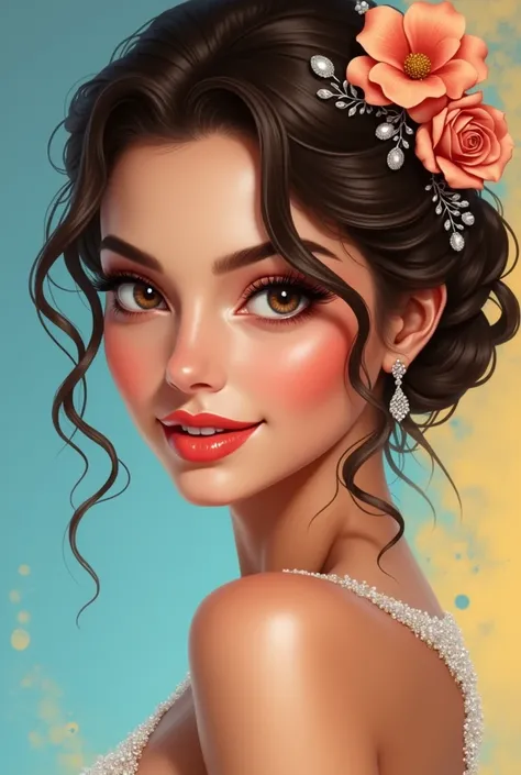 Hyper realistic depicts a very sexiest beautiful woman with a sophisticated and noble style. Her face is very pretty, she smiles very beautifully and is very attractive, she glances back, her hazel eyes are very bright, sparkling, black, curled eyelashes, ...