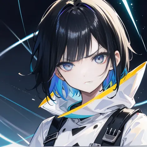 Angry face、Short black hair、Adding lightning lines to the background、Make your hair rainbow-coloured、Deformed and strange, Star color, Shining divine light and dark magic, mad scientist、short black hair and short blonde hair