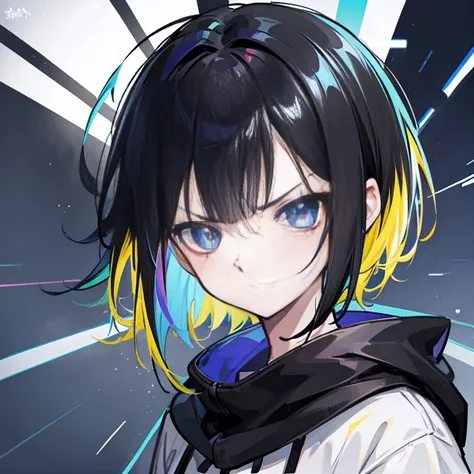 Angry face、Short black hair、Adding lightning lines to the background、Make your hair rainbow-coloured、Deformed and strange, Star color, Shining divine light and dark magic, mad scientist、short black hair and short blonde hair