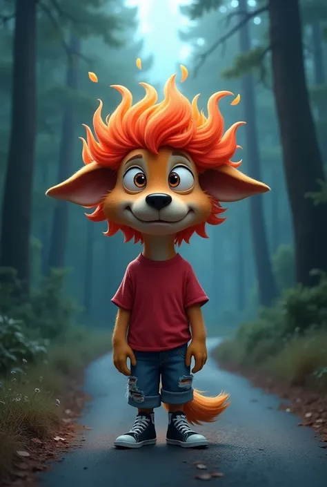 cartoon dog with large, expressive eyes and a vibrant red mane stands on a dimly lit road surrounded by trees. It wears a red t-shirt, ripped jeans, and black sneakers.
