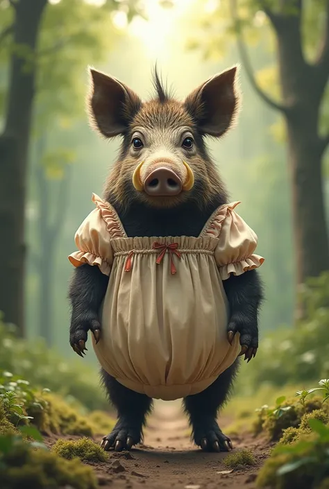 An adult wild boar、Wearing baby clothes