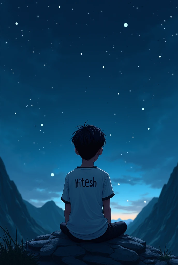 Make a picture in which a boy is sitting on a mountain, stars are twinkling in the sky, the boy is saphed tee-shart aur blaik paint pahane ho
wearing a white t-shirt and black pants
And HITESH is written on the t-shirt and his neck is down back side 
