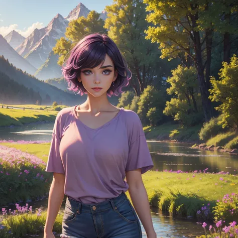 beautiful young woman with short purple hair, purple eyes, wearing a light brown t-shirt and shorts, standing in a stream, with a field of flowers, large forest, and mountains in the background, (best quality,4k,8k,highres,masterpiece:1.2),ultra-detailed,(...