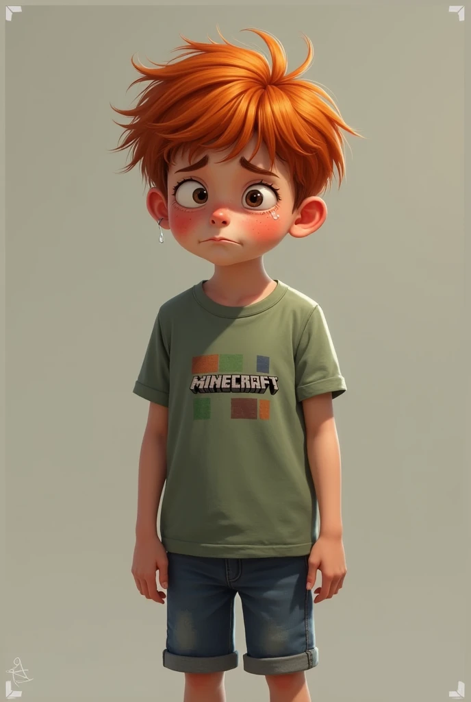 Chubby ginger red head teenager boy crying. Full body wearing a Minecraft tee shirt