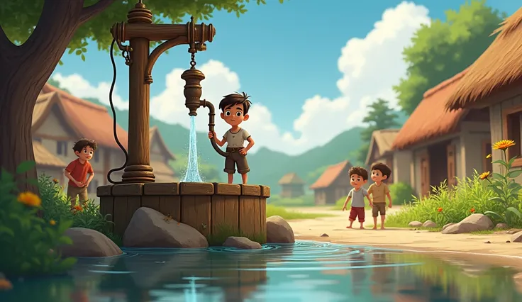 - **Village scene**: A  boy standing among happy villagers, tending to a well and with clean water Image