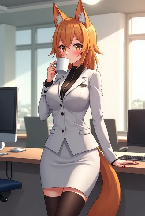 Please make a fox girl OL suit anime with a tight skirt and black stockings。Please use the office as the background。A white suit please。Please draw me from head to toe.。I&#39;m drinking coffee。