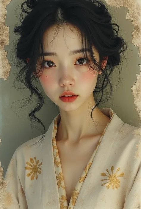 Watercolor、Old paper texture、Damaged Paper、Old style、Faded colors、Close-up of face、A courtesan with a lonely expression in her bedroom、A picture of a kimono with both shoulders open、composition、Golden Ratio、Functional、grace、detail、background、Soft colors、Bl...