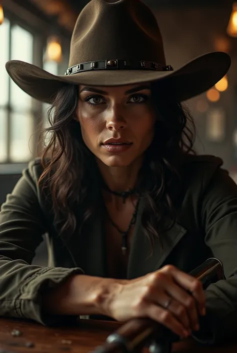 Close up of woman in hat holding gun Old West, Winchester M73 rifle She&#39;s a badass bounty hunter, track down which you were hired. Possessing a mysterious charm and a businesslike attitude, you can&#39;t help but succumb to her dangerous charm. Jessie ...