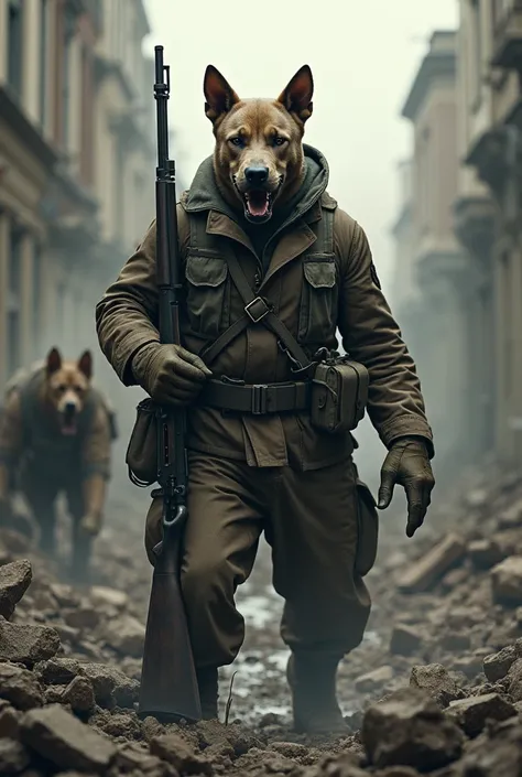 scenario: Stalingrad, World War II Character: A strong human holding a firearm, a rifle. Where his head needs to be a dog&#39;s,  Pitbull nervoso
scenario mais afastado e uma outra cabeça de cachorro
