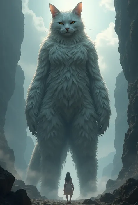 Can you create a image of a female beast titan, which is incredibly tall and has cat like features. Their body should be human like, like a Neko from anime but covered in fur similar to the Beast Titan from Attack On Titan. They should have a similar to a ...