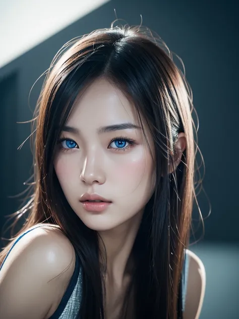 Asian Girl from South Korea, Long hair, Black hair, blue eyes, textured skin, very detailed, UHD, High details, HD model, The best quality, necessary, Awarded many times, Anatomically correct, masterpiece, High resolution, rockstar style,