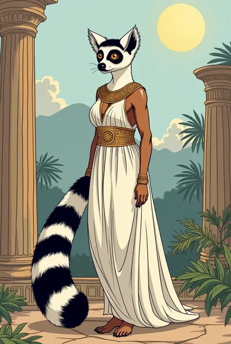  female lemur, ancient Greek clothes, fluffy, long striped white and black tail, colored line art