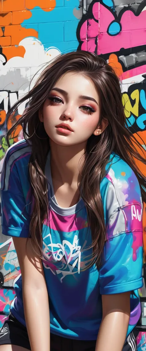 (), Masterpiece Extremely detailed CG 8K illustrations, High Color, extremely High Color saturation, All colors are deepened, dope, Graffiti Art, Central Composition, Extremely detailed lighting, Graffiti Wall, wall dopeed bright, 1 girl graffiti 1 girl lo...