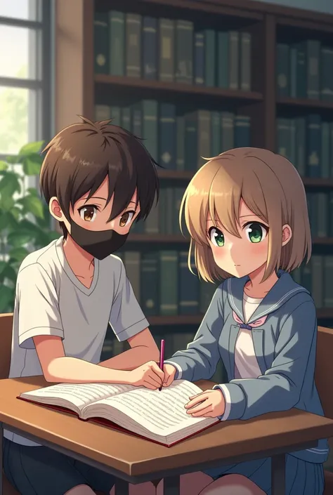 A boy and a girl studying in an anime library - the boy with a black mask and brown hair and the girl with short brown hair and different eyes, one emerald green and another brown - teenagers in Japanese school clothes - a little separated
