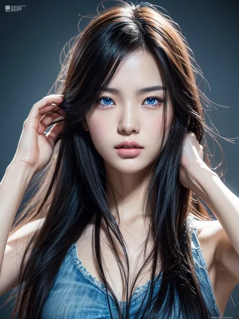 Asian Girl from South Korea, Long hair, Black hair, blue eyes, Textured skin, very detailed, UHD, High details, HD model, The best quality, necessary, Awarded many times, anatomically correct, masterpiece, High resolution, rockstar style,