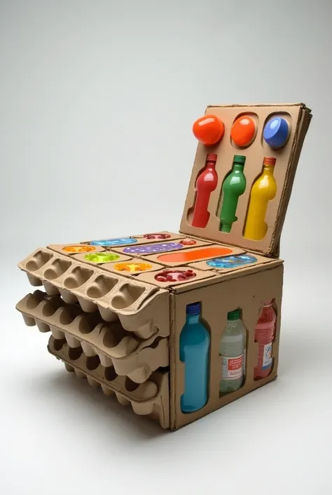 Chairs made from recycled materials such as cardboard boxes+Egg tray+Water bottle+Candy container