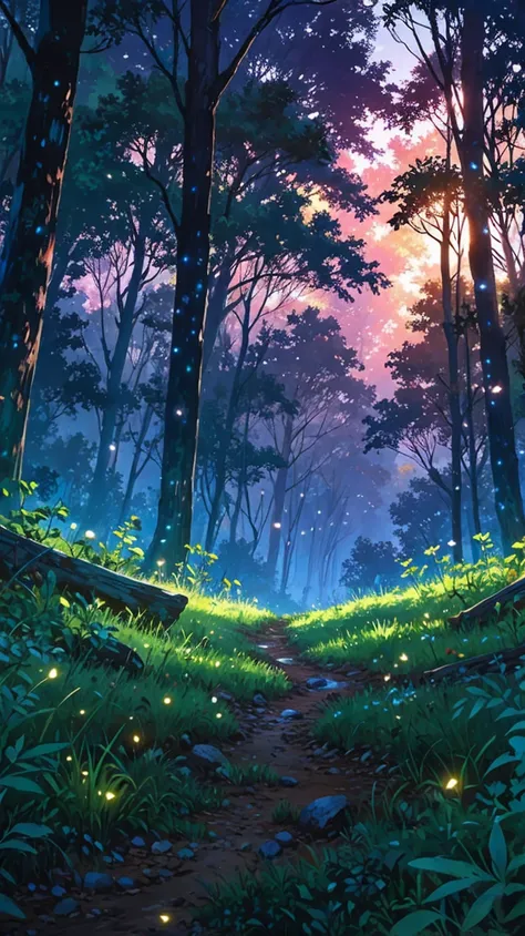 magical forest, fireflies, bokeh effect, sparkle