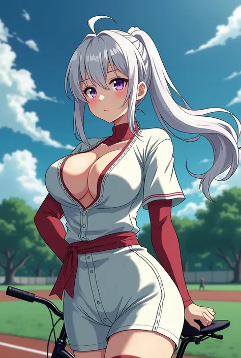 HD、Animation style、white hair 、Purple Eyes、girl、plump breasts 、High school student 、single ponytail、Baseball player、Light color short sleeve top、Long sleeve red underwear、Good shape、Thin、sash、Sky、cloud、sunny、Cycling、Navel exposed、dazzler、Breasts exposed、ni...