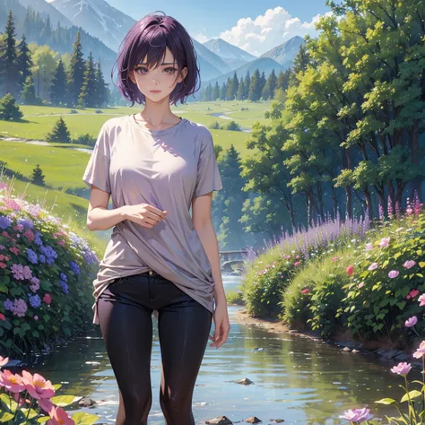 A beautiful woman with short purple hair, purple eyes, wearing a light brown t-shirt and shorts, standing in a stream. Behind her is a field of flowers, a large forest and mountains.