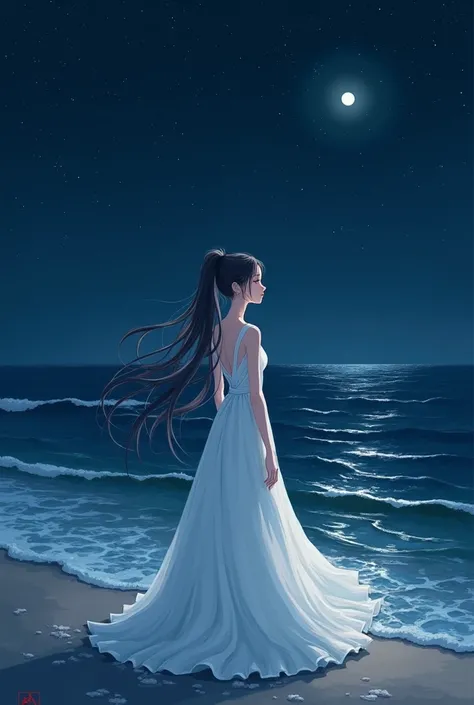 The sea late at night，Wearing a high ponytail，A second-dimensional girl in a white dress