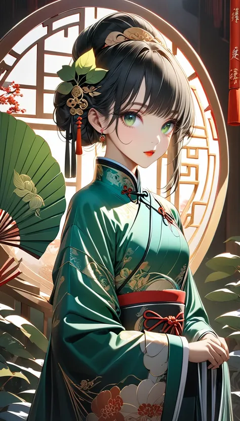 Wearing a china attire, beautiful china super model, big round youth eyes, golden ratio posture. High detail costume. holding elegant  half leaf fan. Divine elegant look, luxury jade ornament piece, winter season, uhd, high res