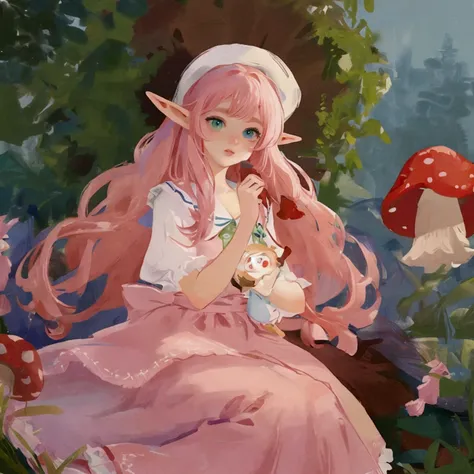 (high quality) (best quality) (a woman) (correct physiognomy) (perfect students) (perfect eyes) young elf woman with blue-green eyes, long pink hair, pink eyelashes and eyebrows, hat of red mushroom RED, and red Lolita-style dress with red mushroom RED pri...